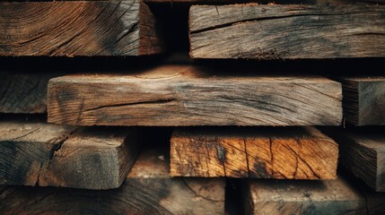 Close-Up View of Weathered Wooden Planks Stacked in Layers Showcasing Natural Textures and Grain Patterns in Earthy Tones