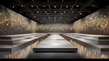 Obraz premium Modern Fashion Show Venue with Minimalist Stage and Starry Background Professional Setting for Fashion Events or Artistic Presentations