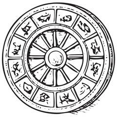 Zodiac Wheel Astrology Chart Vintage Horoscope Symbols Celestial Circle Illustration