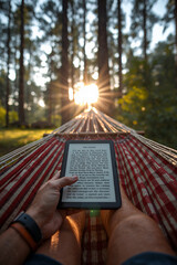 POV Reading E-book in Hammock in the Woods