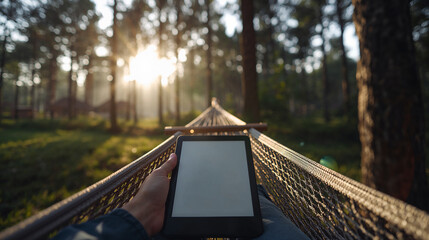 POV Reading E-book in Hammock in the Woods