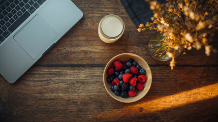 Flat Lay of Rural Breakfast and Remote Work