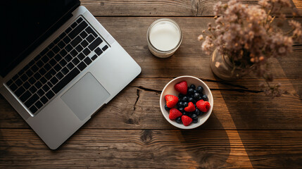 Flat Lay of Rural Breakfast and Remote Work