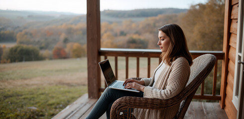 Woman Working on Laptop on Countryside Porch