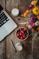 Flat Lay of Rural Breakfast and Remote Work