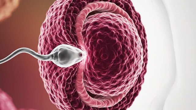 Sperm cell approaching and penetrating human egg cell in biological reproduction process