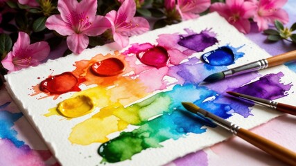 Obraz premium Vibrant watercolor palette with paintbrushes and colorful blooming flowers.