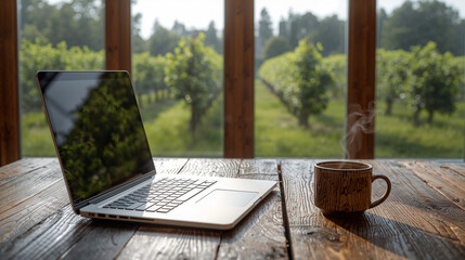 Laptop and Coffee on Rustic Table with Orchard View