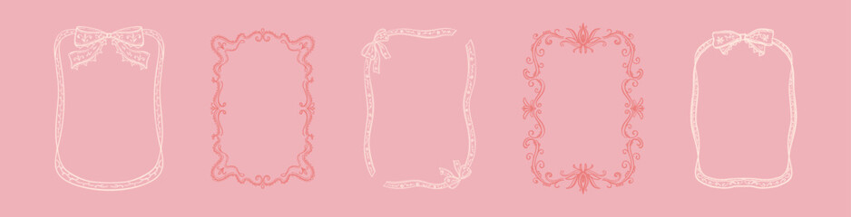 Obraz na płótnie Canvas Hand drawn doodle feminine coquette pink vintage lace rectangle frames with cute ribbon bow. Victorian, baroque, rococo antique style filigree frill embroidery line art crayon sketch minimalist border