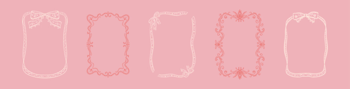 Hand drawn doodle feminine coquette pink vintage lace rectangle frames with cute ribbon bow. Victorian, baroque, rococo antique style filigree frill embroidery line art crayon sketch minimalist border