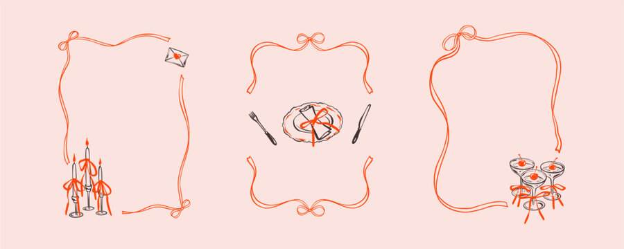 Set of restaurant menu coquette bow ribbon hand drawn vintage frames. Design element cafe, brunch, wedding posters, invitations, cards backgrounds. French, Italian, Parisian style whimsical menu