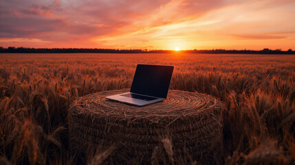  Laptop on Hay Bale in Field at Sunset