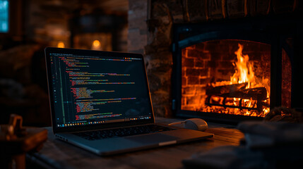 Laptop and Fireplace in Cozy Winter Cabin