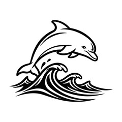 Obraz premium Dynamic dolphin leaping over ocean waves in a striking black and white illustration.