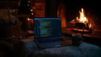 Laptop and Fireplace in Cozy Winter Cabin