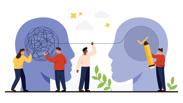 Teamwork helping untangle mental confusion and providing support for therapy, counseling, and emotional well-being, concept for solution and guidance isolated on white background vector illustration