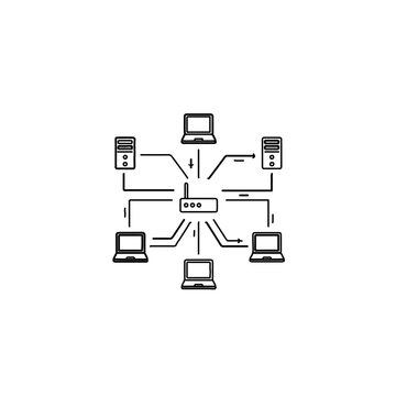 Local area network icon showing central router connected to multiple laptops and servers for data sharing and connectivity