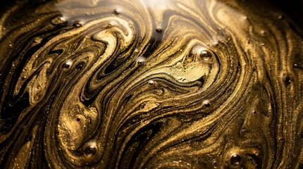 Golden metallic liquid with swirling patterns and bubbles on surface