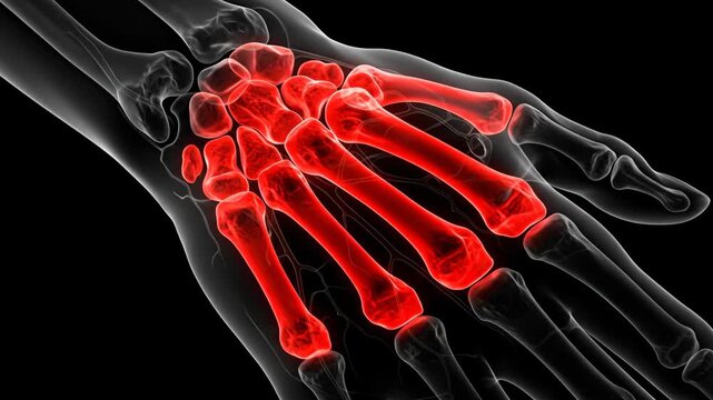 Illustration of a hand skeleton highlighting the bones in red.
