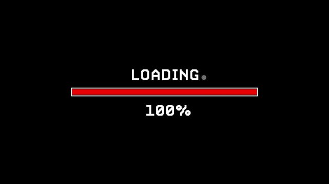 Retro pixel art style loading progress bar animation from 0 to 100 percent on black background.