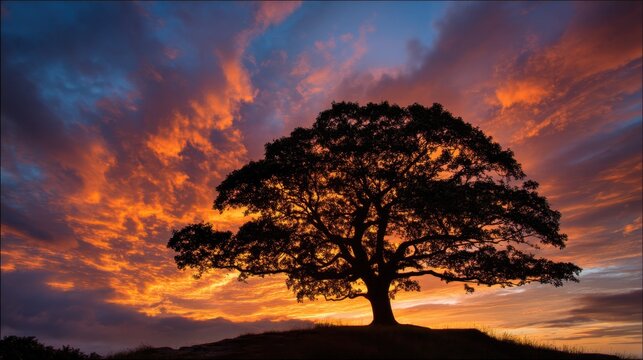 Majestic silhouette of an oak tree against a vibrant sunset sky with colorful clouds lighting up the horizon in a serene natural landscape scene