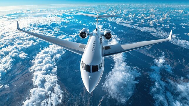 Private jet flying above clouds and mountains.  Possible stock photo use showcasing luxury travel