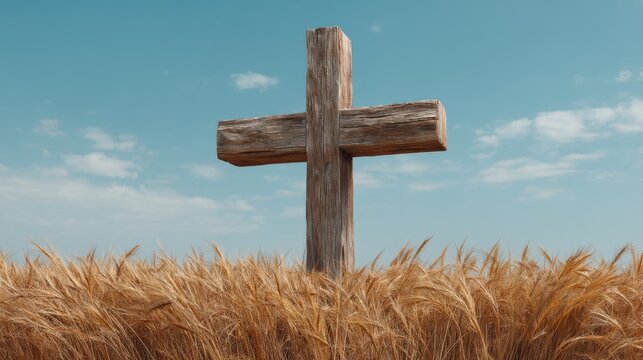 Wooden cross standing tall above golden wheat field under blue sky, representing faith, spirituality, and rural beauty in serene landscape