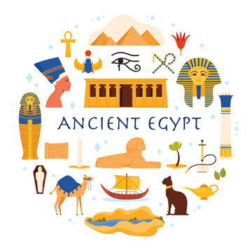Travel to Egypt set, ancient Egyptian culture elements and landmarks in round infographic banner. Eye of Horus and Bastet cat, Nile River landscape and Pyramids of Giza cartoon vector illustration