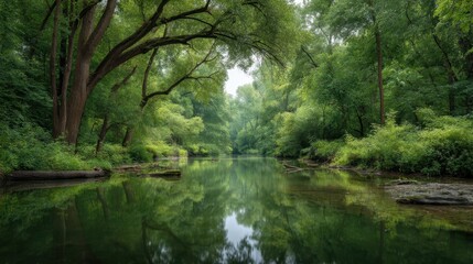 Serene Forest Landscape with Lush Green Trees and Calm Water Reflection in a Peaceful Natural Setting