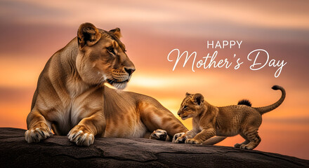 Obraz premium Mother day lioness cub rock savanna sunset africa nature wildlife safari animal predator family wilderness feline
