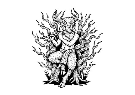 Mythical Satyr Playing Flute in Forest Engraving Illustration.