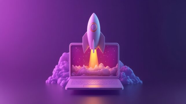 Futuristic laptop with rocket launch, digital space