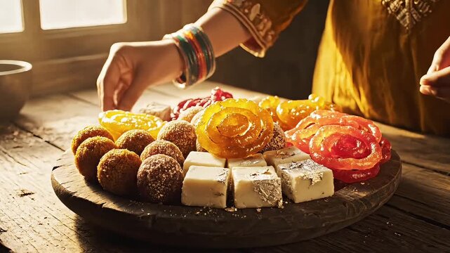 A person adorned with bangles reaches for sweets on a platter containing various desserts and pastries in a warm, sunlit room ambiance on a wooden table