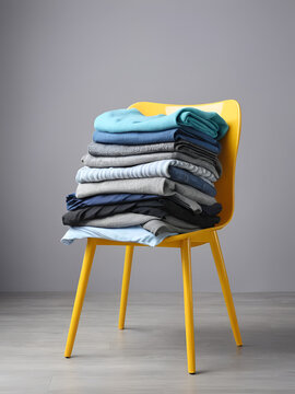 Heap of  clothes on color chair,  on gray background