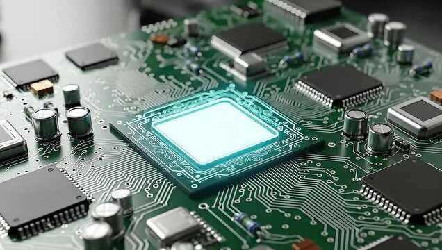 Glowing central processing unit chip illuminates the complex green printed circuit board showcasing integrated electronic components and intricate pathways in a technological closeup.
