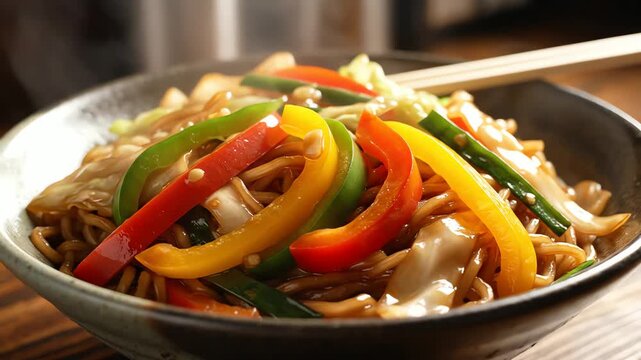 Close up of a bowl of noodles with colorful bell peppers and sesame seeds
