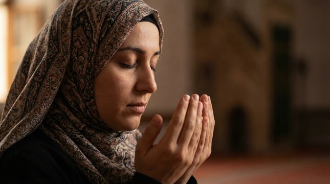 Muslim woman making dua prayer expressing faith during Ramadan