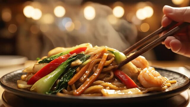 Close up of a plate of noodles with vegetables