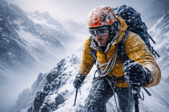 Professional mountaineer climbing snowy mountain ridge during harsh winter storm