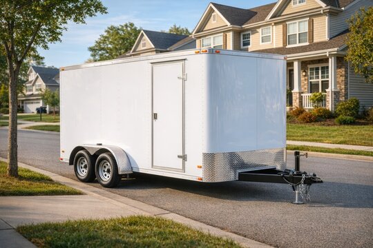 White enclosed cargo trailer parked on suburban street near modern houses