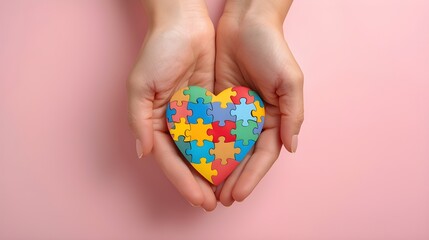 An adult and child holding puzzle hearts on a light blue background. World autism awareness day concept.