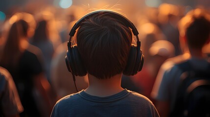 AI generated image of back view on a boy in the autism spectrum wearing noise cancelling headphones and standing out of the crowd