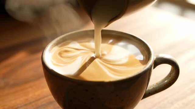 Pouring cream into a steaming cup of coffee creating beautiful swirls and patterns