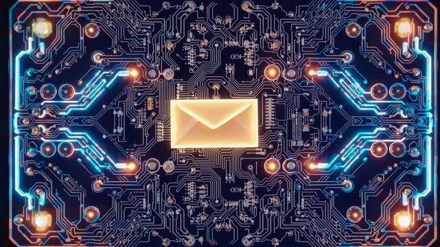 Digital circuit board with glowing lights and envelope icon, showcasing electronic communication flow