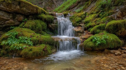 Fototapeta premium Serene Waterfall Cascading Over Rocks Surrounded by Lush Green Moss and Vegetation in a Peaceful Forest Environment
