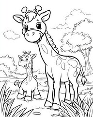 Naklejka premium Cute Cartoon Giraffe with Baby Calf in a Natural Landscape Coloring Book Page for Kids Featuring African Savanna Trees Clouds and Grass Outline Illustration for Children Creative Art Activity