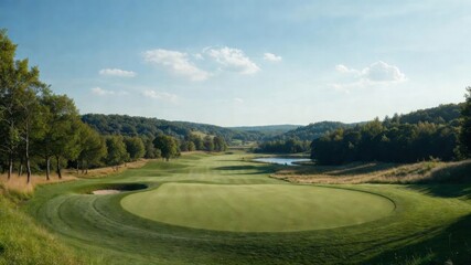 Scenic golf course landscape with rolling hills and lush green fairways.