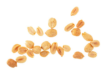 Fried and salted peanuts pile isolated on a white background, top view.