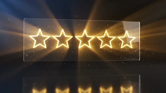Five glowing golden stars on a dark background with light rays and sparkles