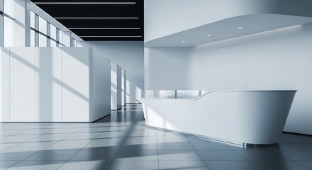 Fototapeta premium Modern Office Reception Area with Natural Light and Sleek Design.